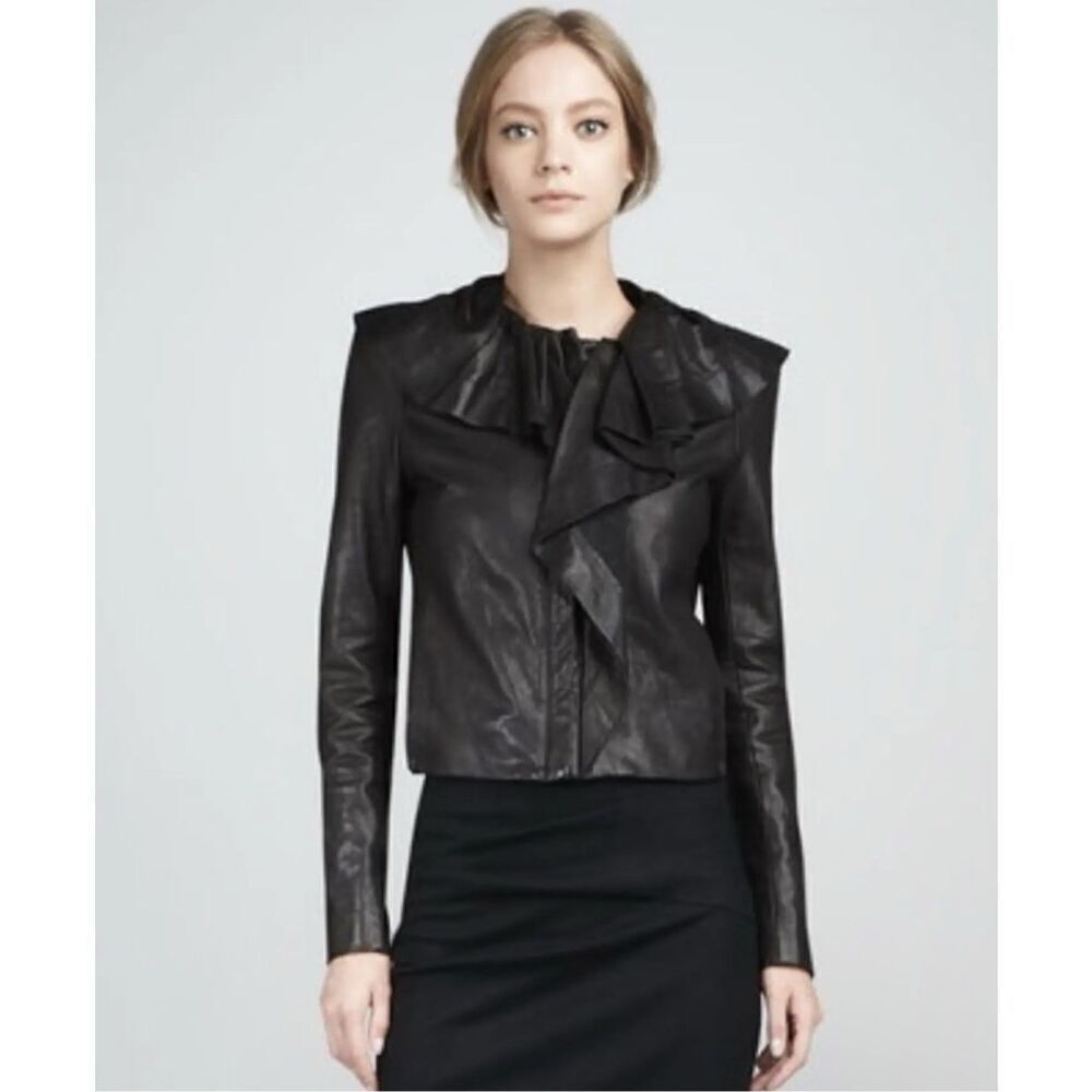 Diane Von Furstenburg 100% Leather Ruffle moto jacket 10